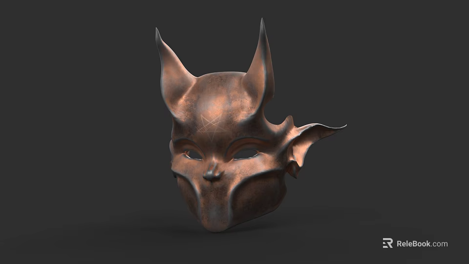 Intricate Bronze Mask Sculpture With Horns And Ornate Ear Design Elements 3d model 