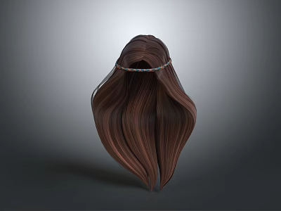 Head With Long Brown Wavy Hair And Decorative Hairband From Back View 3d model