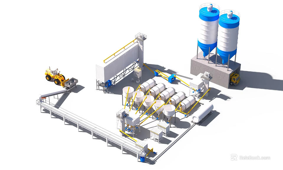 Modern Industrial Plant Featuring Concrete Mixing Equipment Storage Silos Conveyor Belts And Machinery 3d model 