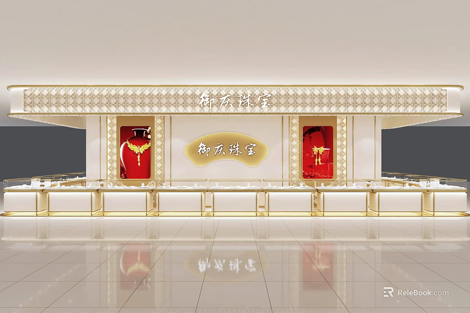 Luxurious Jewelry Store Interior With Golden Decor White Counters And Red Displays 3d model 