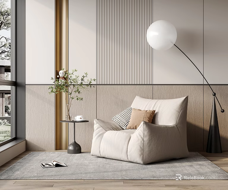 Cozy Beige Lazy Sofa in Modern Living Room with Side Table Floor Lamp and Throw Pillows 3d model 