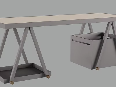 Modern Minimalist Desk with Gray Metal Legs Storage Basket and Bottom Shelf 3d model