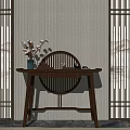 Chinese Style Wooden Console Table With Floral Vase And Decorative Lattice Screens