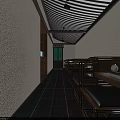 Traditional Chinese Restaurant Interior With Wooden Tables Chairs Light Textured Walls Dark Floor Tiles And Striped Ceiling