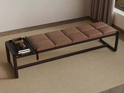Modern Leather Cushioned Bench With Wooden Frame And Side Table Holding Books And Tray 3d model