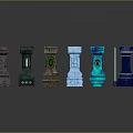 Various Decorative Pillars With Different Designs And Colorful Finishes On Reflective Surface