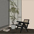 White Blinds Interior Scene With Green Fern Plant Wooden Floor And Woven Chair