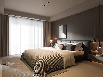 Modern Bedroom Interior With Dark Headboard Bedspread Pillows Light Curtains And Wall Art 3d model