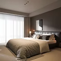 Modern Bedroom Interior With Dark Headboard Bedspread Pillows Light Curtains And Wall Art