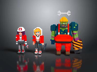 Pixelated Human Characters and Green Monster with Hats Holding Weapons 3d model