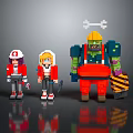 Pixelated Human Characters and Green Monster with Hats Holding Weapons 3d model