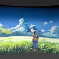 Anime Style Female Character Standing In Green Grass Field With Blue Sky And White Clouds