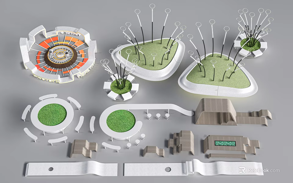 Creative Modern Landscape Seating With Unique Shapes Green Grass And Plant Elements 3d model