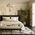 Cozy Elegant Bedroom With Patterned Wallpaper Nightstand Table Lamp Bed Bench Potted Plant And Rug