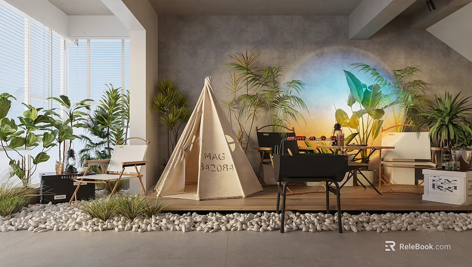 Modern Restaurant Interior Design With Open Layout Greenery Tent And Pebble Floor 3d model 