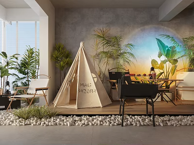 Modern Restaurant Interior Design With Open Layout Greenery Tent And Pebble Floor 3d model