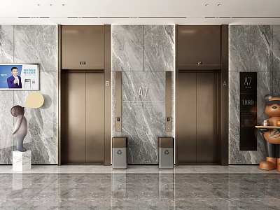 Elevator Lobby With Marble Wall Panels Brushed Metal Doors Polished Floor And M Logo 3d model