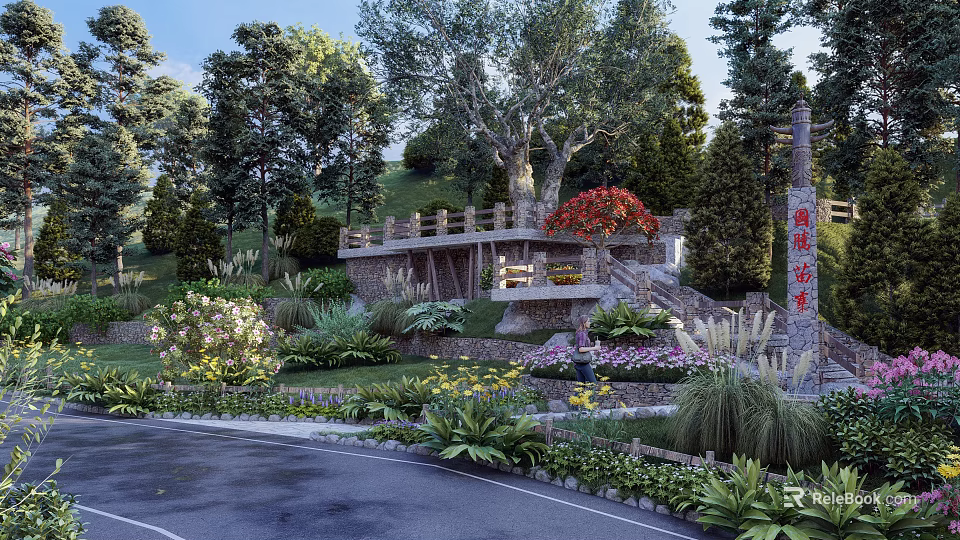 Building Exterior Wall Design Featuring Stone Steps Lush Greenery and Colorful Flowers 3d model 
