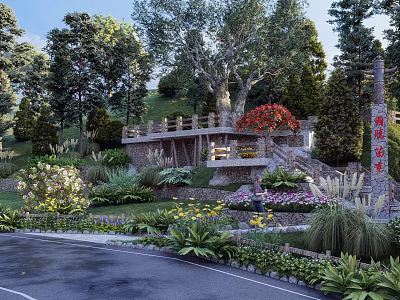 Building Exterior Wall Design Featuring Stone Steps Lush Greenery and Colorful Flowers 3d model