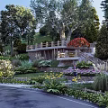Building Exterior Wall Design Featuring Stone Steps Lush Greenery and Colorful Flowers