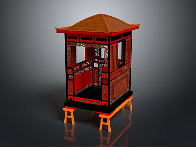 Traditional Chinese Red And Black Wooden Sedan Chair With Brown Roof And Carved Decorations 3d model