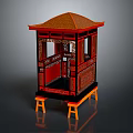 Traditional Chinese Red And Black Wooden Sedan Chair With Brown Roof And Carved Decorations