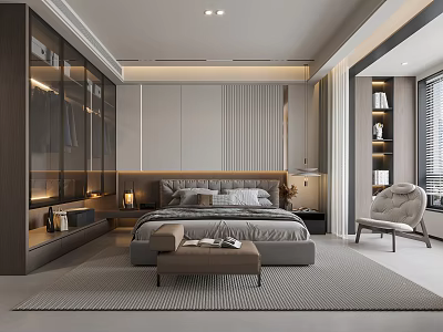 Modern Bedroom Interior Design With Large Bed Glass Wardrobe Accent Chair And Area Rug 3d model