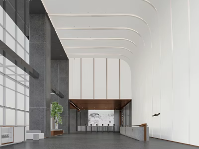 Modern Front Desk Reception Lobby With Large Glass Windows Gray Walls and White Curved Ceilings 3d model