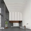 Modern Front Desk Reception Lobby With Large Glass Windows Gray Walls and White Curved Ceilings