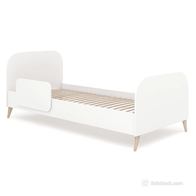 White Children's Bed With Curved Headboard Footboard Light Wood Legs And Wooden Slat Base 3d model 