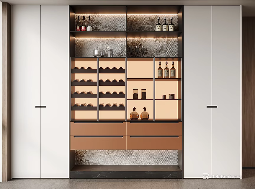 Modern Wine Cabinet Interior With Glass Doors Displaying Wine Bottles White Cabinetry And Brown Drawers 3d model 