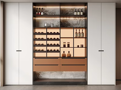 Modern Wine Cabinet Interior With Glass Doors Displaying Wine Bottles White Cabinetry And Brown Drawers 3d model