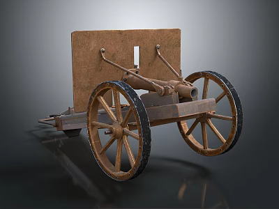 Ancient Wooden Cannon Cart With Large Spoked Wheels And Metal Fittings 3d model