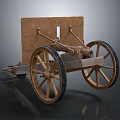 Ancient Wooden Cannon Cart With Large Spoked Wheels And Metal Fittings