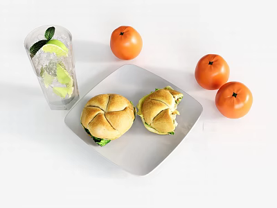 Fresh Vegetable Stuffed Sandwiches With Ripe Tomatoes And Lime Mint Drink 3d model