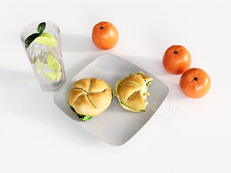 orange hamburger bread sandwich water cup glass 3d model