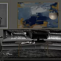 Gray Sofa And Coffee Table Set With Striped Dark Cushions And Blue Yellow Abstract Painting