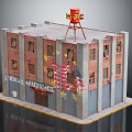 Industrial Warehouse with Red Brick Walls Windows Red Water Tower American Flag Yellow Star Decorations