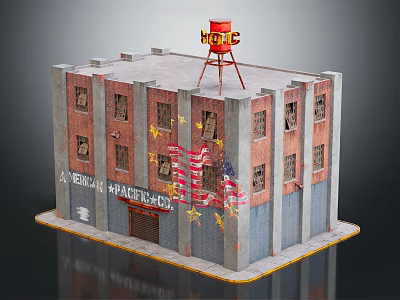Industrial Warehouse with Red Brick Walls Windows Red Water Tower American Flag Yellow Star Decorations 3d model