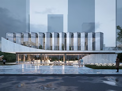 Modern Sales Office Building With Glass Facade Plaza And Illuminated Entrance Landscaping 3d model