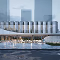Modern Sales Office Building With Glass Facade Plaza And Illuminated Entrance Landscaping