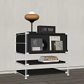 Modern Black Metal Frame Nightstand with Multiple Shelves Table Lamp Radio Clock and Books