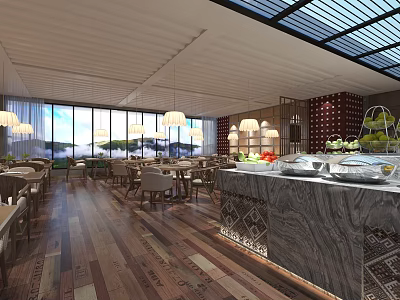 Spacious Restaurant Interior With Buffet Counter Marble Top Pendant Lights Large Windows And Wooden Flooring 3d model