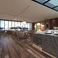 Spacious Restaurant Interior With Buffet Counter Marble Top Pendant Lights Large Windows And Wooden Flooring