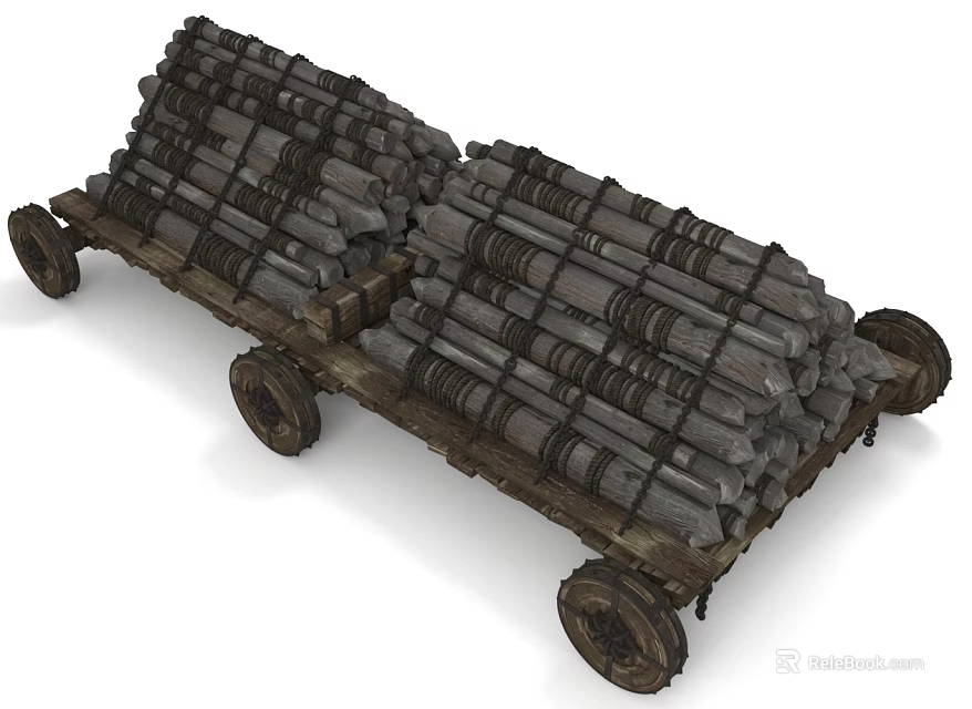 Vintage Wooden Cart Loaded With Neatly Stacked Firewood Logs On Wooden Wheels 3d model 