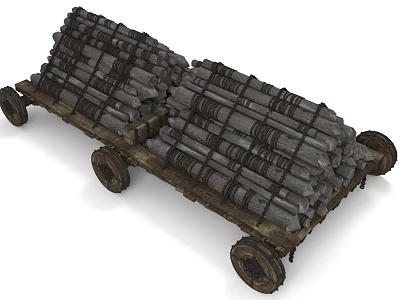 Vintage Wooden Cart Loaded With Neatly Stacked Firewood Logs On Wooden Wheels 3d model
