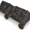 Vintage Wooden Cart Loaded With Neatly Stacked Firewood Logs On Wooden Wheels