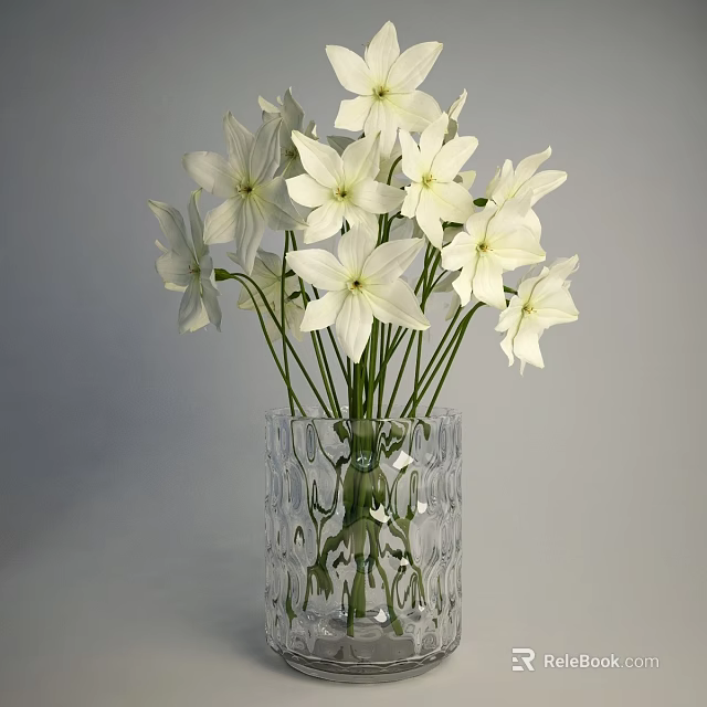 Transparent Textured Vase With White Star Shaped Flowers On Simple Grey Background 3d model 