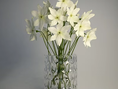 Transparent Textured Vase With White Star Shaped Flowers On Simple Grey Background 3d model