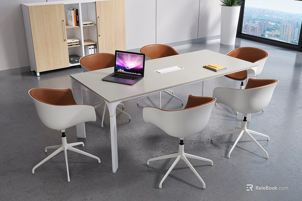 Modern Office Desk Workspace With Laptop White Chairs Bookshelf Plant And City View 3d model 